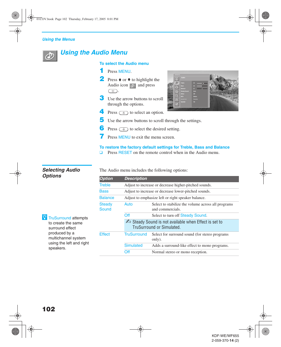 Using the audio menu, Selecting audio options, Selecting video options | Ailable audio ef, Options, Stereo, Auto sap, Second audio program), and | Sony GRAND WEGA 2-059-370-14(2) User Manual | Page 102 / 132