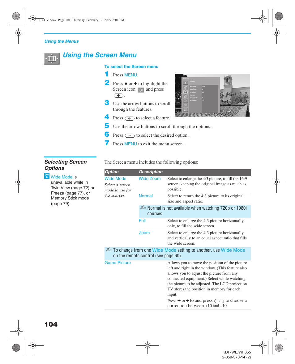 Using the screen menu, Selecting screen options, Selecting audio options | Sony GRAND WEGA 2-059-370-14(2) User Manual | Page 104 / 132