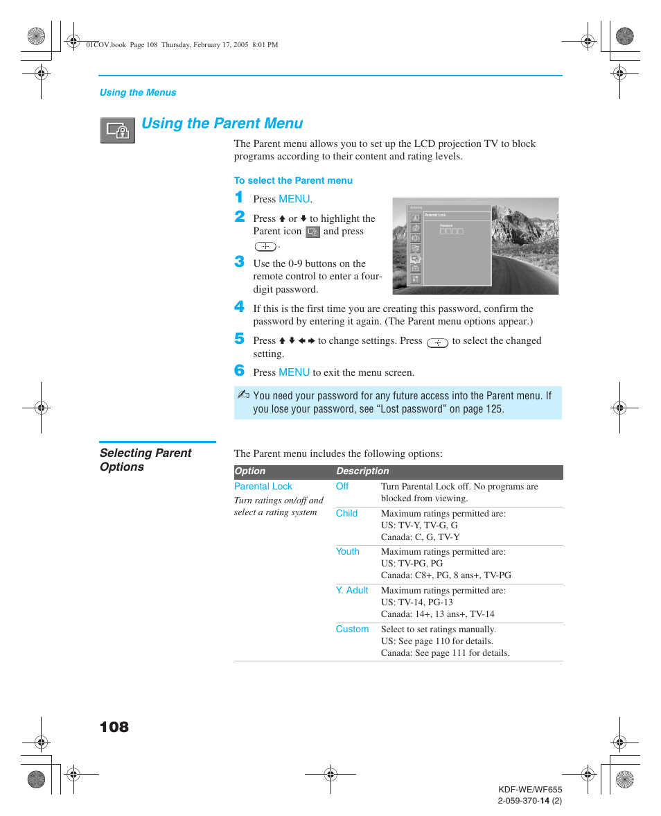 Using the parent menu, Selecting parent options, Selecting channel options | Ew does not display channels th | Sony GRAND WEGA 2-059-370-14(2) User Manual | Page 108 / 132