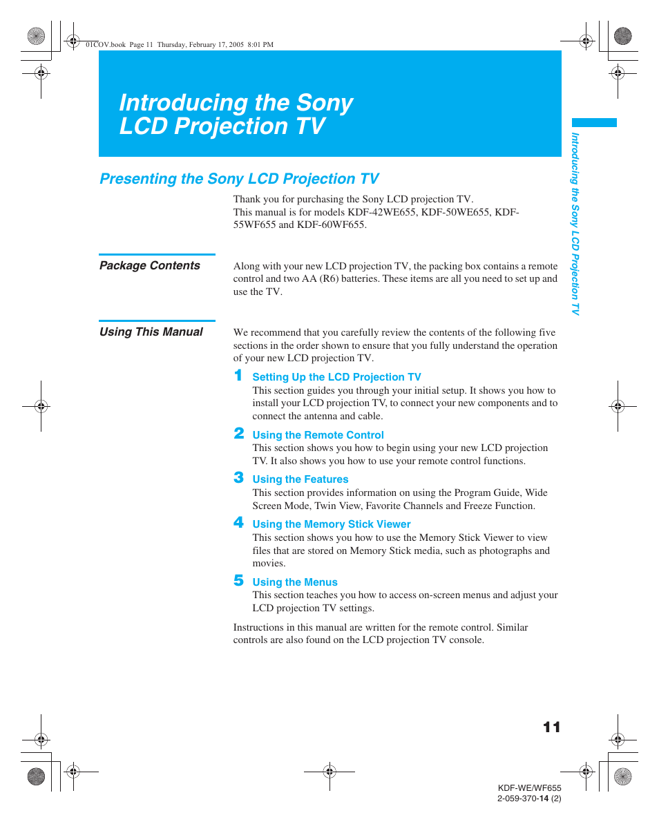 Introducing the sony lcd projection tv, Presenting the sony lcd projection tv, Package contents | Using this manual | Sony GRAND WEGA 2-059-370-14(2) User Manual | Page 11 / 132