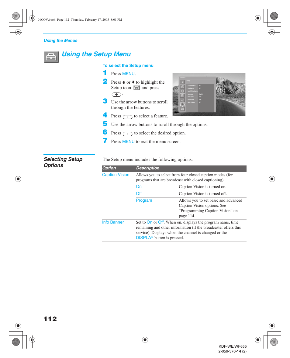 Using the setup menu, Selecting setup options, Selecting custom rating options | Sony GRAND WEGA 2-059-370-14(2) User Manual | Page 112 / 132