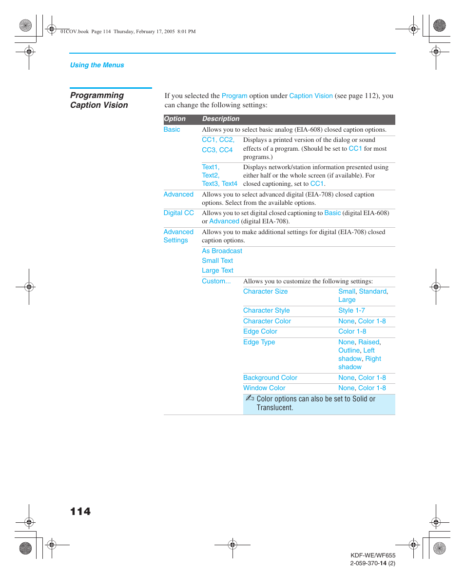 Programming caption vision | Sony GRAND WEGA 2-059-370-14(2) User Manual | Page 114 / 132