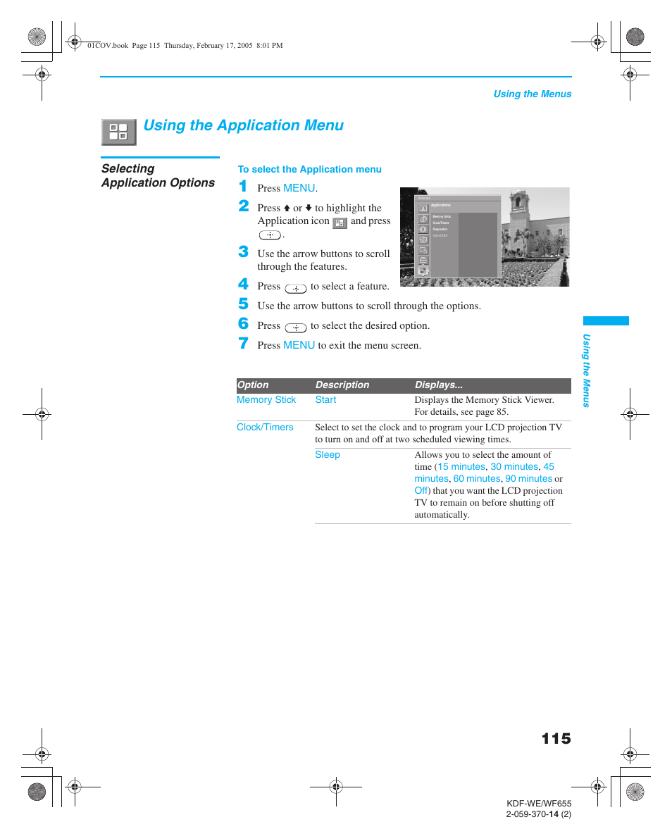 Using the application menu, Selecting application options, Programming caption vision | Sony GRAND WEGA 2-059-370-14(2) User Manual | Page 115 / 132