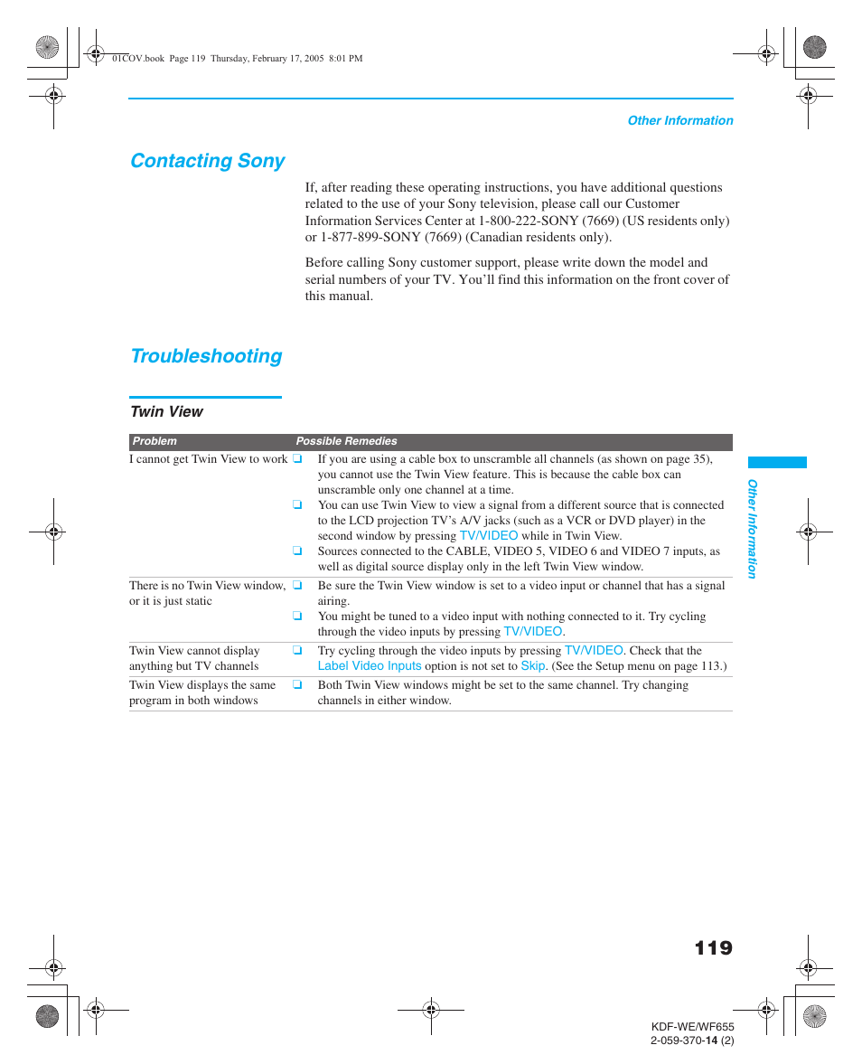 Contacting sony, Troubleshooting, Twin view | Glossary contacting sony troubleshooting, Glossary | Sony GRAND WEGA 2-059-370-14(2) User Manual | Page 119 / 132