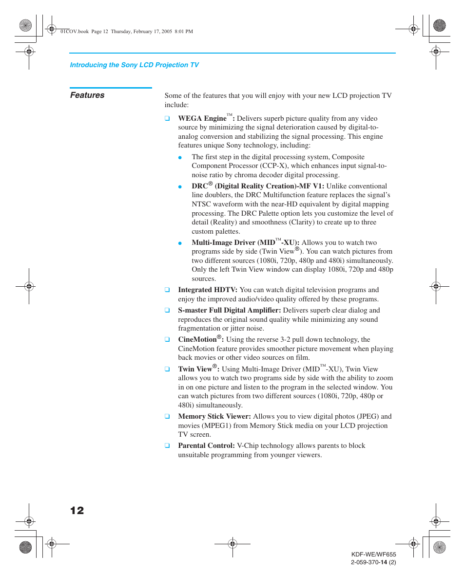 Features, Using this manual | Sony GRAND WEGA 2-059-370-14(2) User Manual | Page 12 / 132