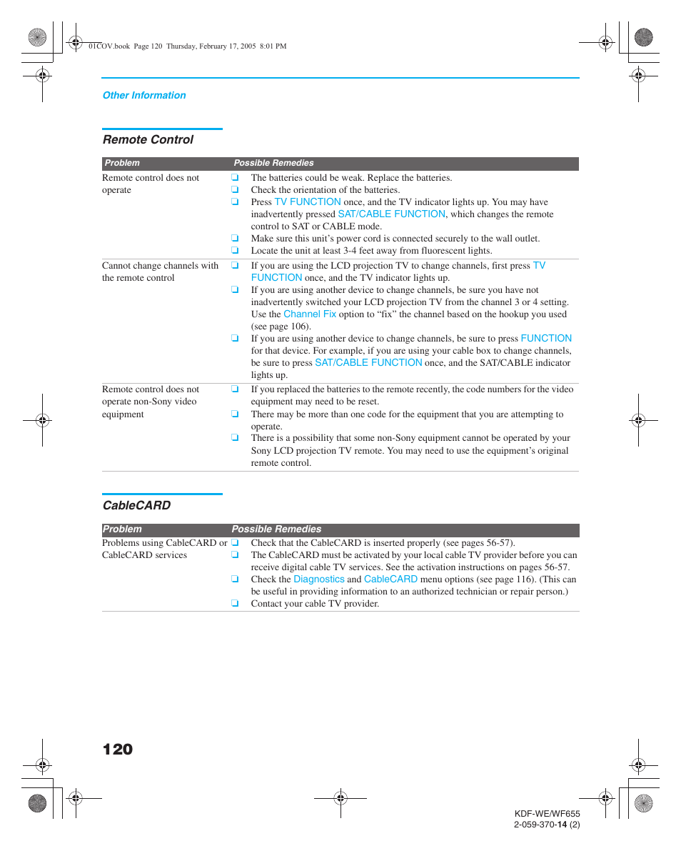 Remote control, Cablecard, Twin view | Sony GRAND WEGA 2-059-370-14(2) User Manual | Page 120 / 132