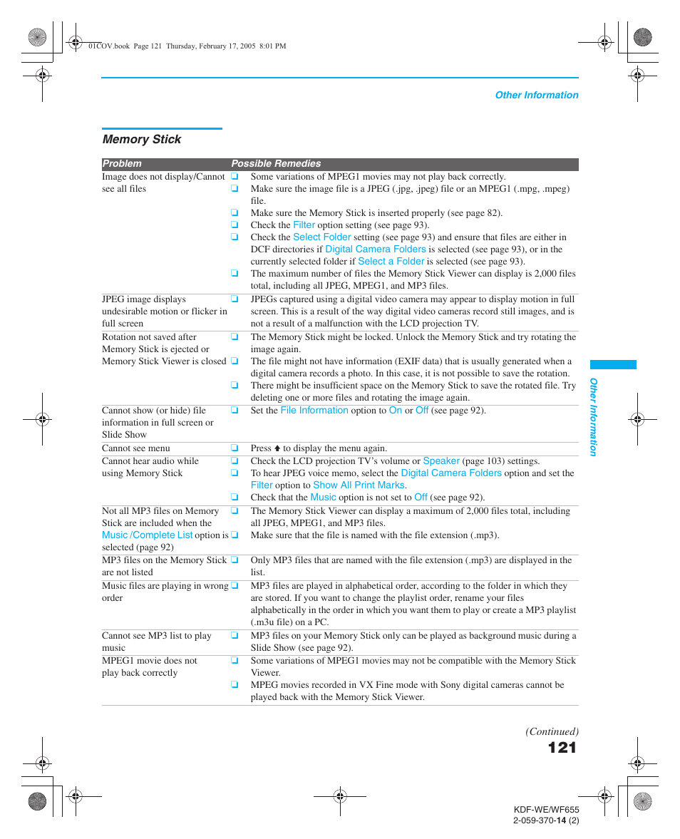 Memory stick, Cablecard | Sony GRAND WEGA 2-059-370-14(2) User Manual | Page 121 / 132