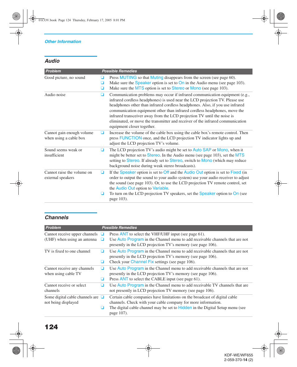 Audio, Channels, Video | Sony GRAND WEGA 2-059-370-14(2) User Manual | Page 124 / 132