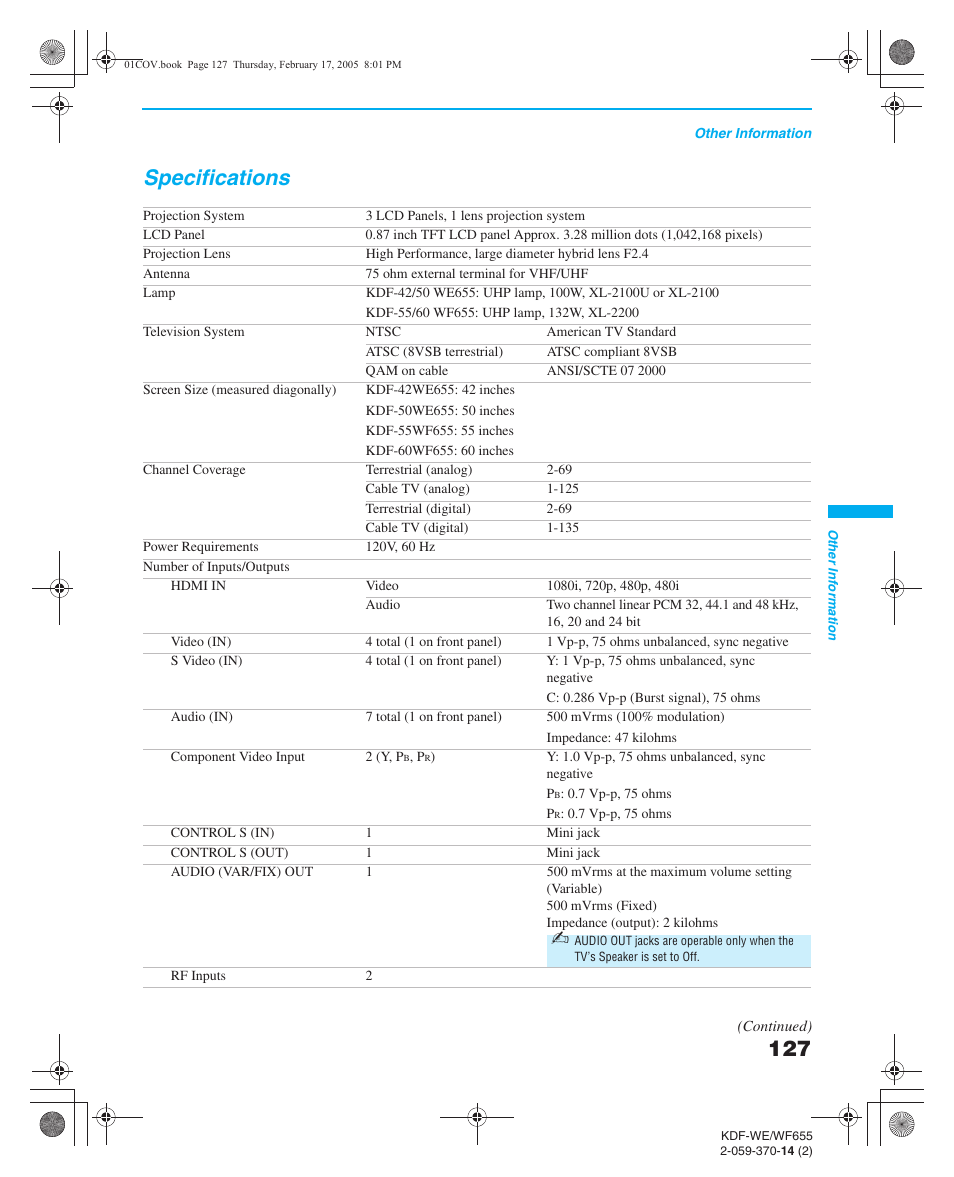 Specifications, Flashing indicators on the front of the tv | Sony GRAND WEGA 2-059-370-14(2) User Manual | Page 127 / 132