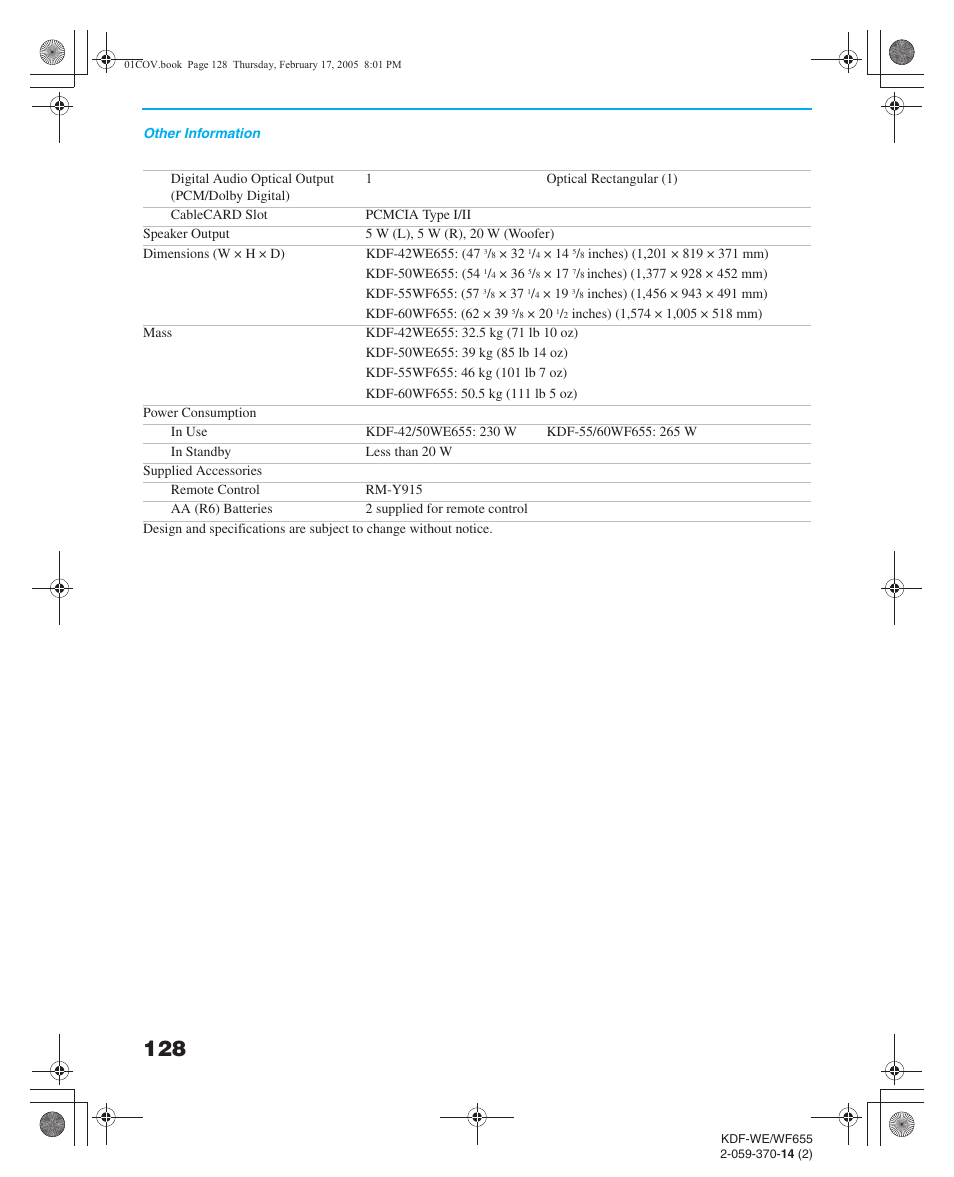 Sony GRAND WEGA 2-059-370-14(2) User Manual | Page 128 / 132