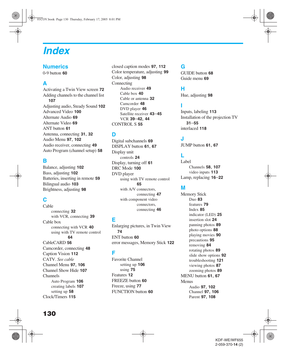 Index | Sony GRAND WEGA 2-059-370-14(2) User Manual | Page 130 / 132