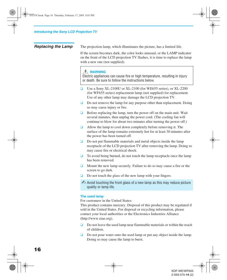 Replacing the lamp | Sony GRAND WEGA 2-059-370-14(2) User Manual | Page 16 / 132