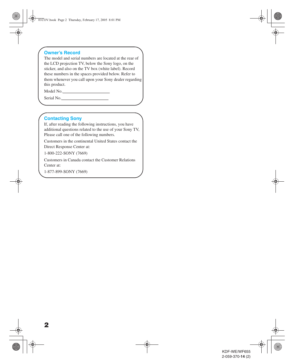 Sony GRAND WEGA 2-059-370-14(2) User Manual | Page 2 / 132