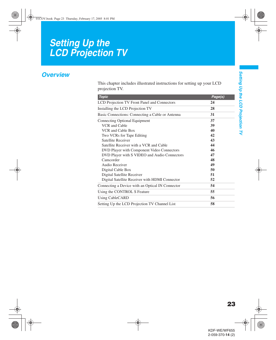 Setting up the lcd projection tv, Overview | Sony GRAND WEGA 2-059-370-14(2) User Manual | Page 23 / 132