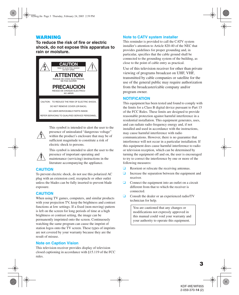 Attention, Precaucion, Warning | Caution | Sony GRAND WEGA 2-059-370-14(2) User Manual | Page 3 / 132