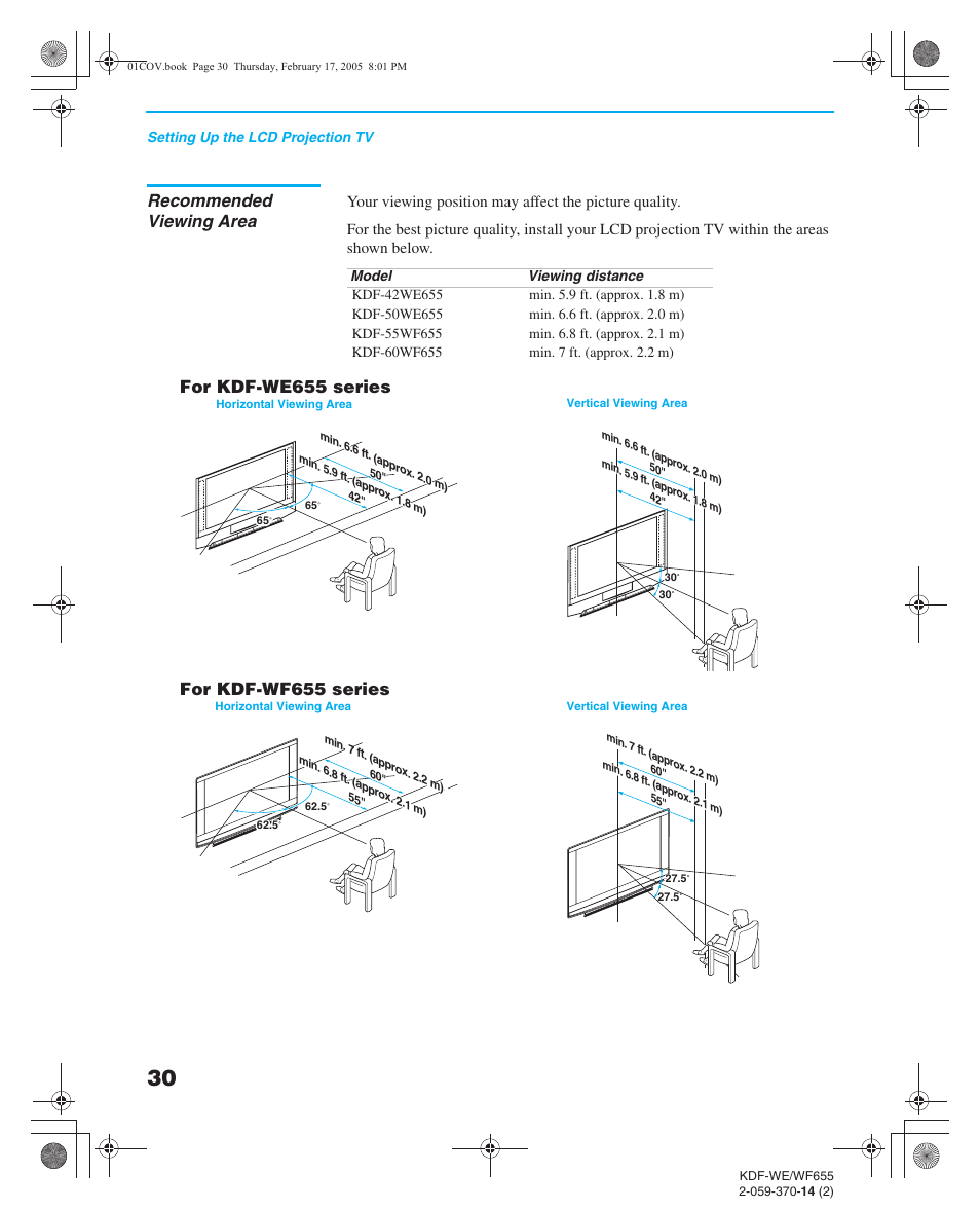 Recommended viewing area, For kdf-we655 series, For kdf-wf655 series | Sony GRAND WEGA 2-059-370-14(2) User Manual | Page 30 / 132