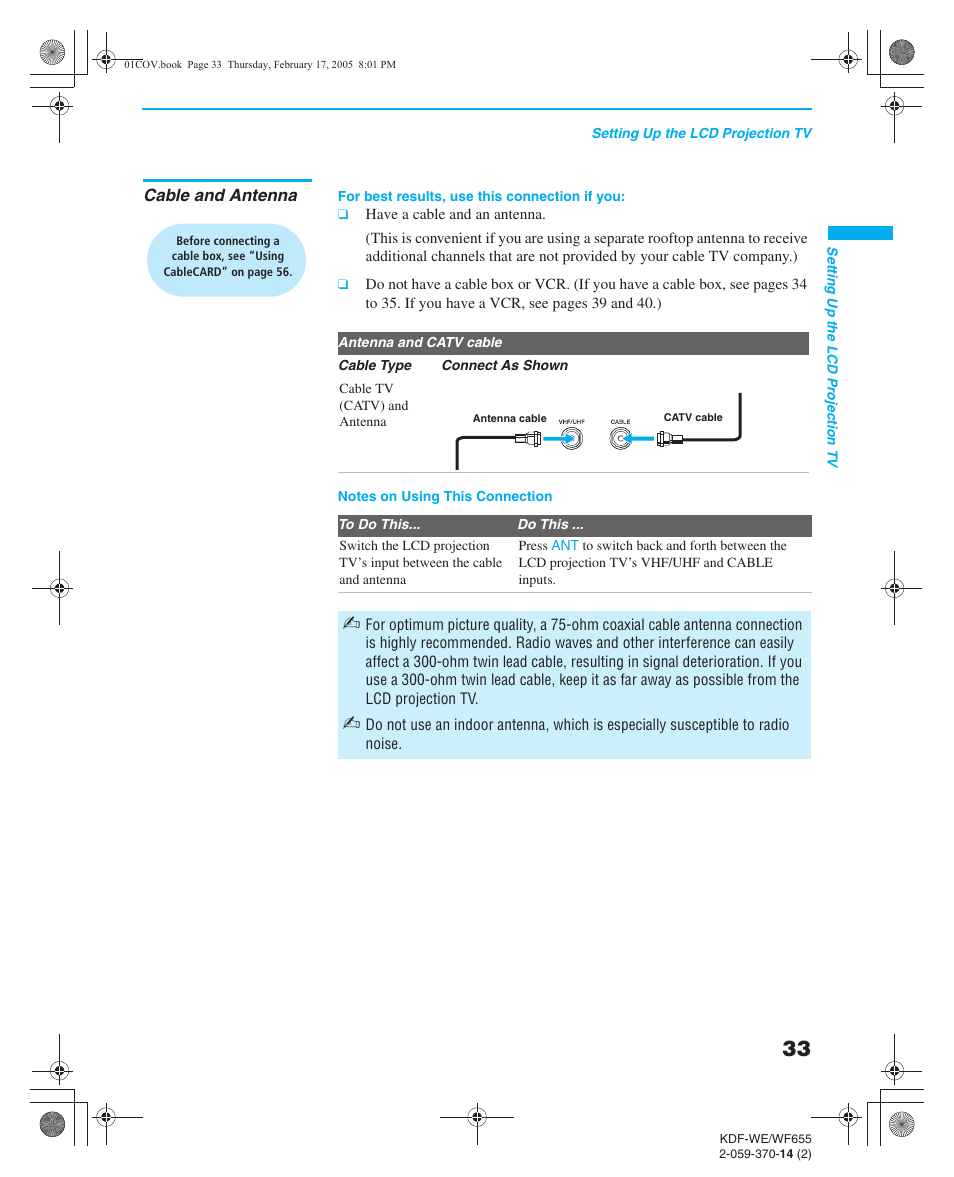 Cable and antenna | Sony GRAND WEGA 2-059-370-14(2) User Manual | Page 33 / 132