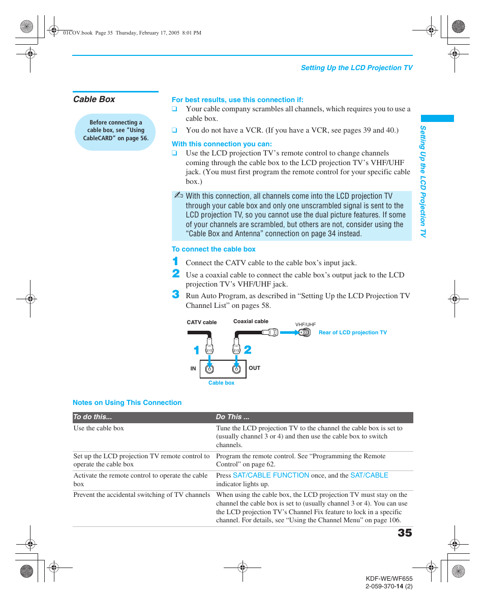 Cable box, Le box to, Do not | Sony GRAND WEGA 2-059-370-14(2) User Manual | Page 35 / 132