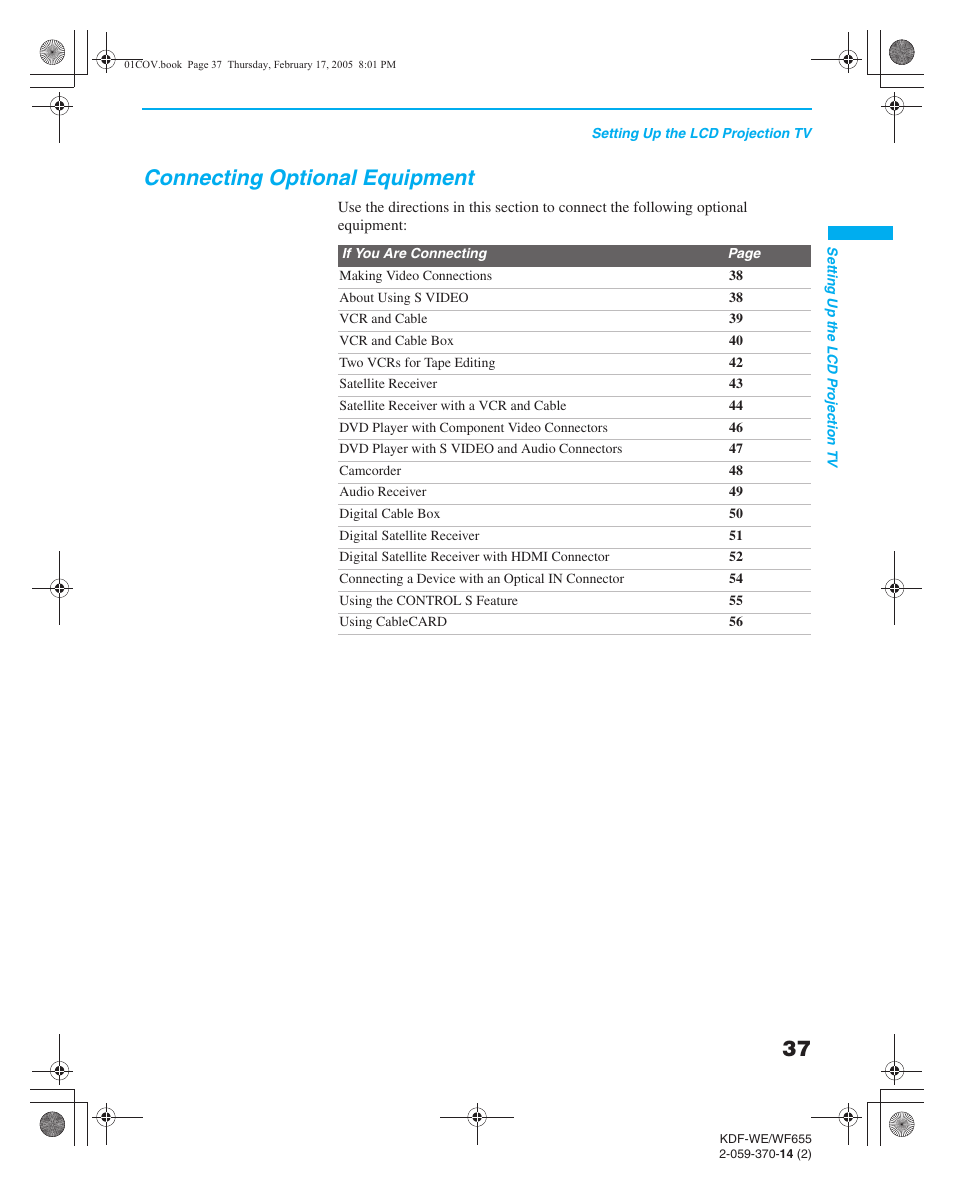 Connecting optional equipment, Cable box, Basic connections: connecting a cable or | Sony GRAND WEGA 2-059-370-14(2) User Manual | Page 37 / 132