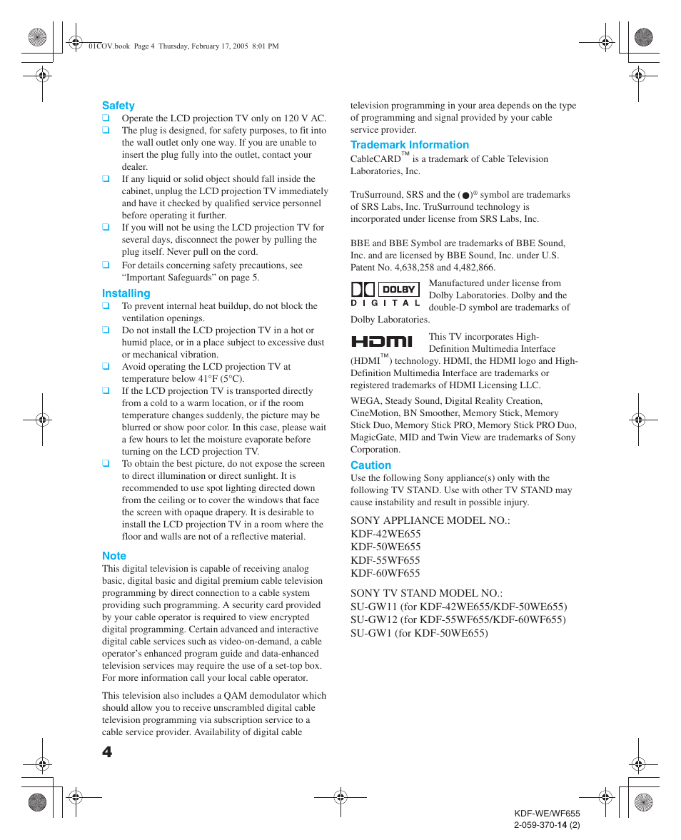 Sony GRAND WEGA 2-059-370-14(2) User Manual | Page 4 / 132