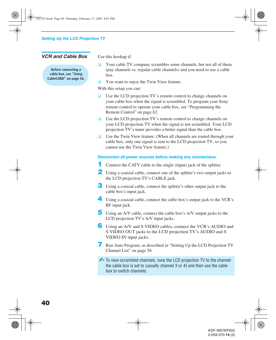 Vcr and cable box, Do not inte, Vcr and cable | Sony GRAND WEGA 2-059-370-14(2) User Manual | Page 40 / 132