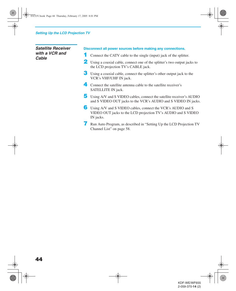 Satellite receiver with a vcr and cable, Satellite receiver | Sony GRAND WEGA 2-059-370-14(2) User Manual | Page 44 / 132