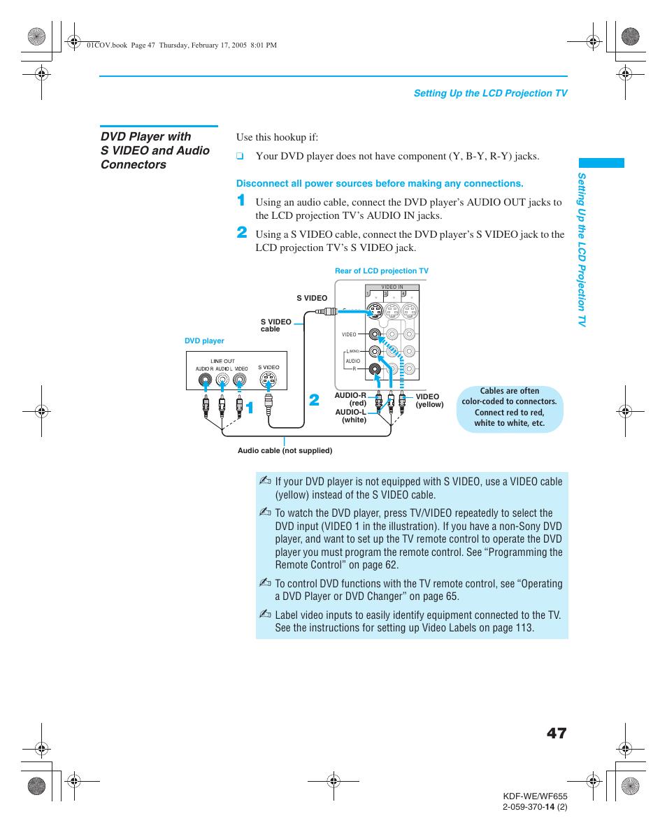 Dvd player with s video and audio connectors, Video connectors, Dvd player with component video connectors | Sony GRAND WEGA 2-059-370-14(2) User Manual | Page 47 / 132