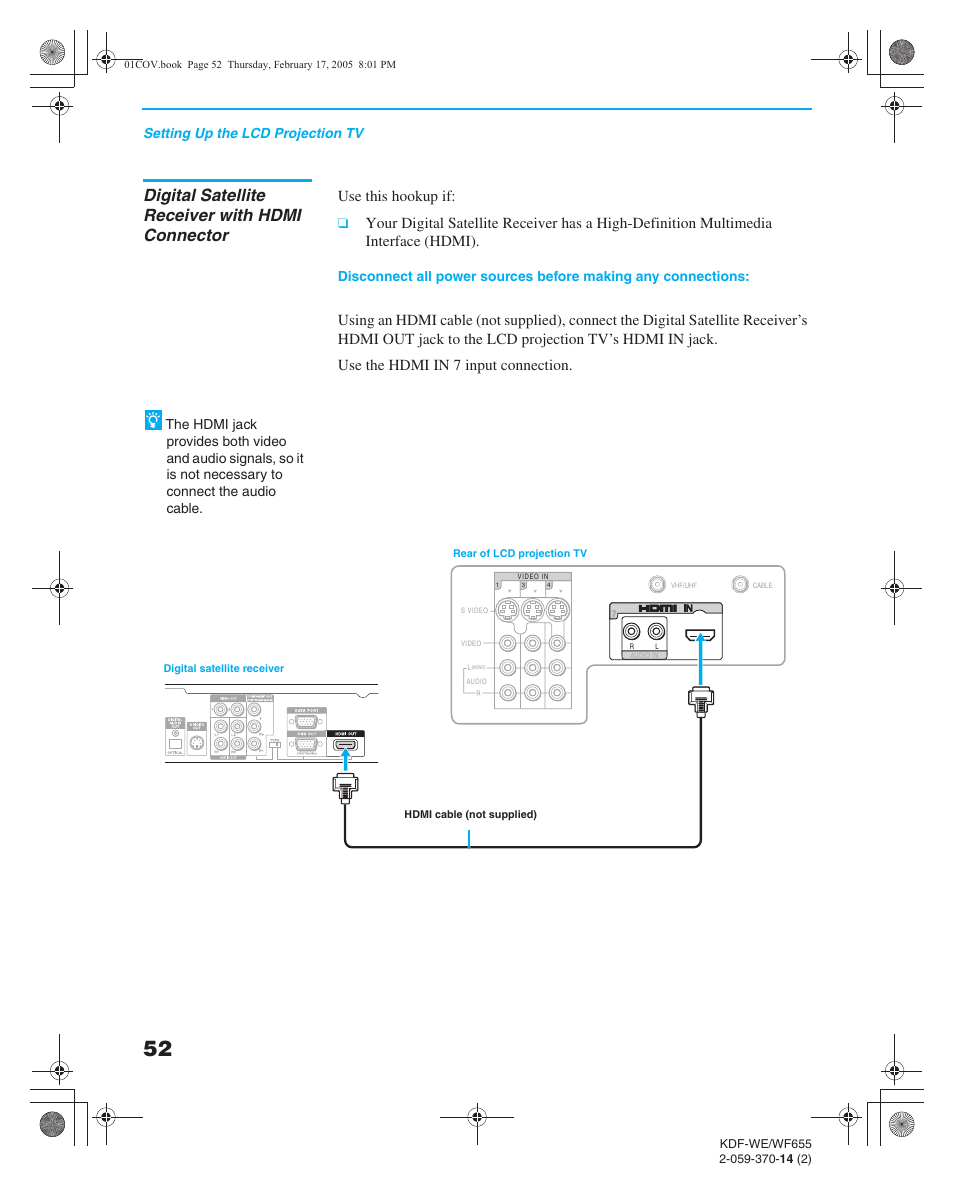 Digital satellite receiver with hdmi connector, Digital satellite receiver, Use this hookup if | Sony GRAND WEGA 2-059-370-14(2) User Manual | Page 52 / 132