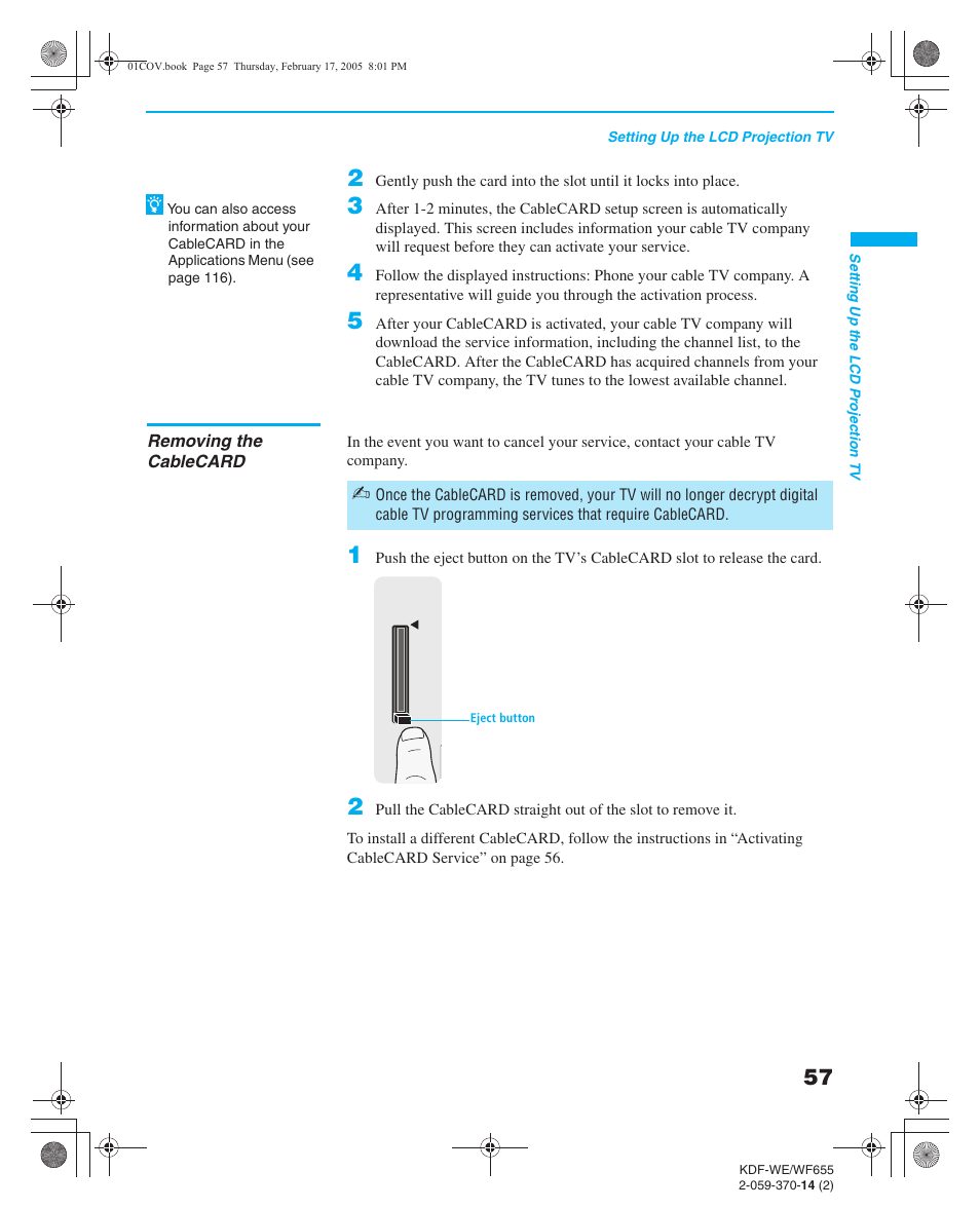 Removing the cablecard | Sony GRAND WEGA 2-059-370-14(2) User Manual | Page 57 / 132