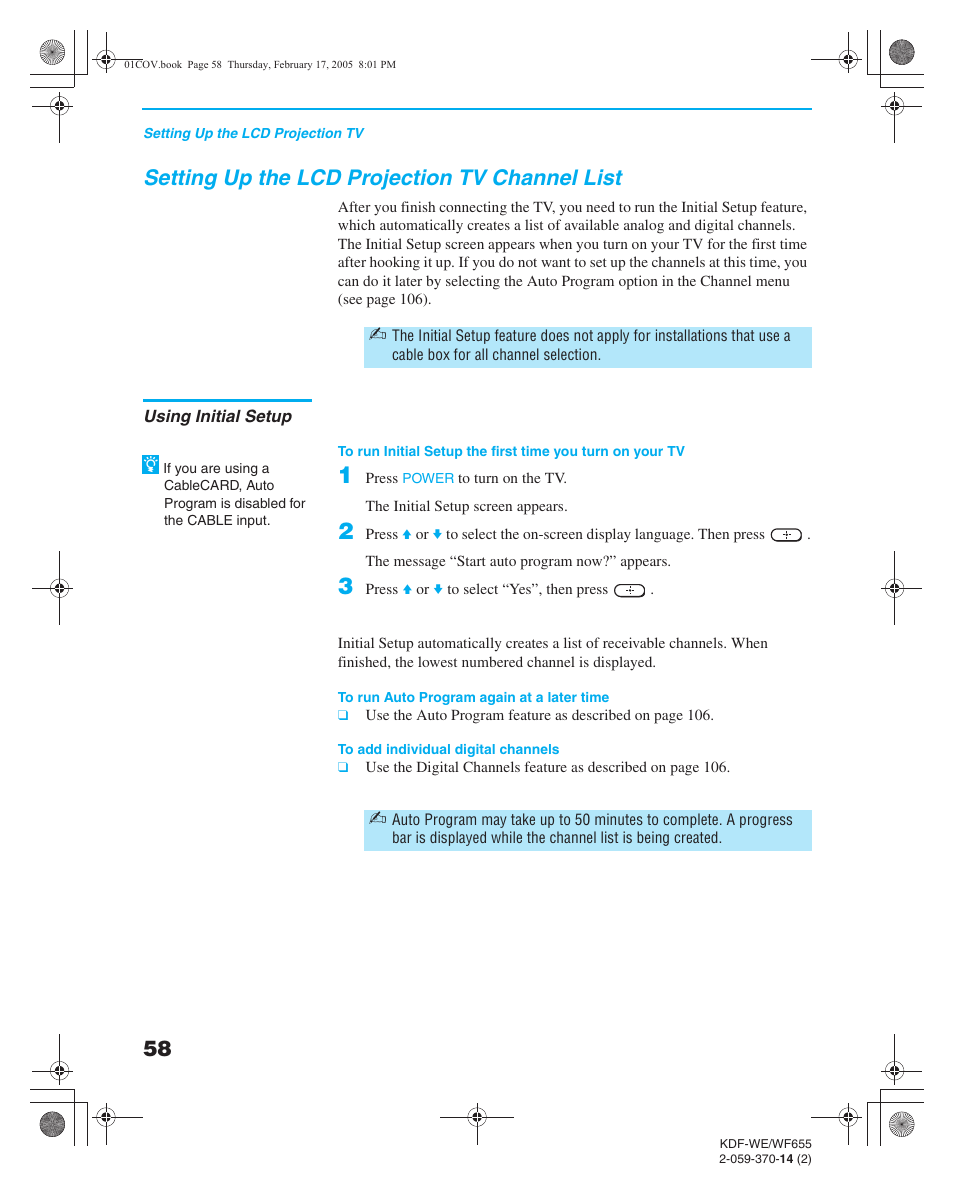 Setting up the lcd projection tv channel list, Using initial setup, Removing the cablecard | Using cablecard, Cable box’s output jack to the lcd, Run auto program, as described in “settin | Sony GRAND WEGA 2-059-370-14(2) User Manual | Page 58 / 132