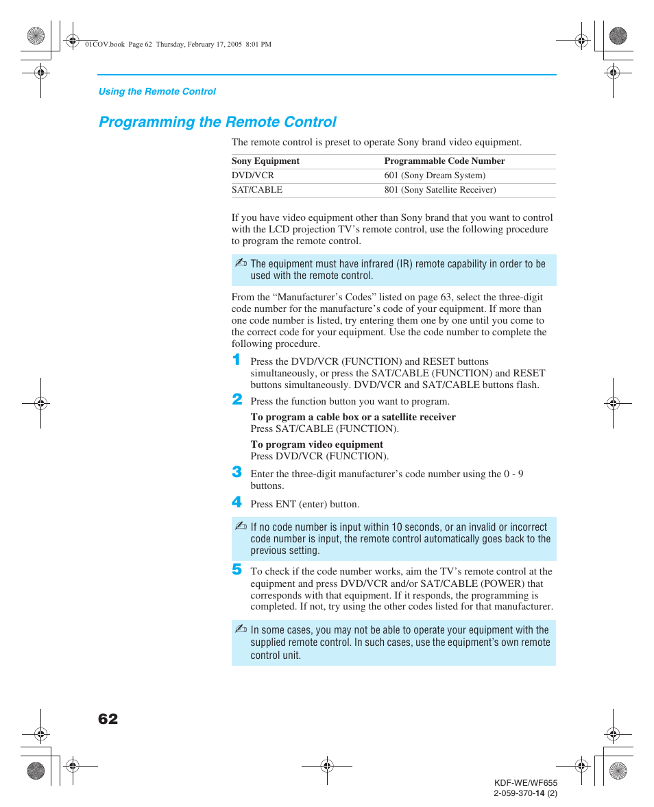 Programming the remote control, Button descriptions, Press to tu | Sony GRAND WEGA 2-059-370-14(2) User Manual | Page 62 / 132