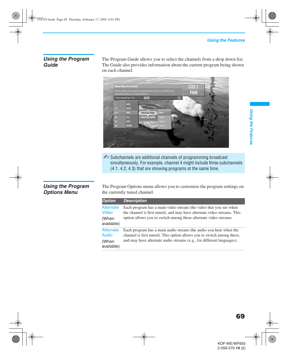 Using the program guide, Using the program options menu, And then press | Fam c23.1 | Sony GRAND WEGA 2-059-370-14(2) User Manual | Page 69 / 132