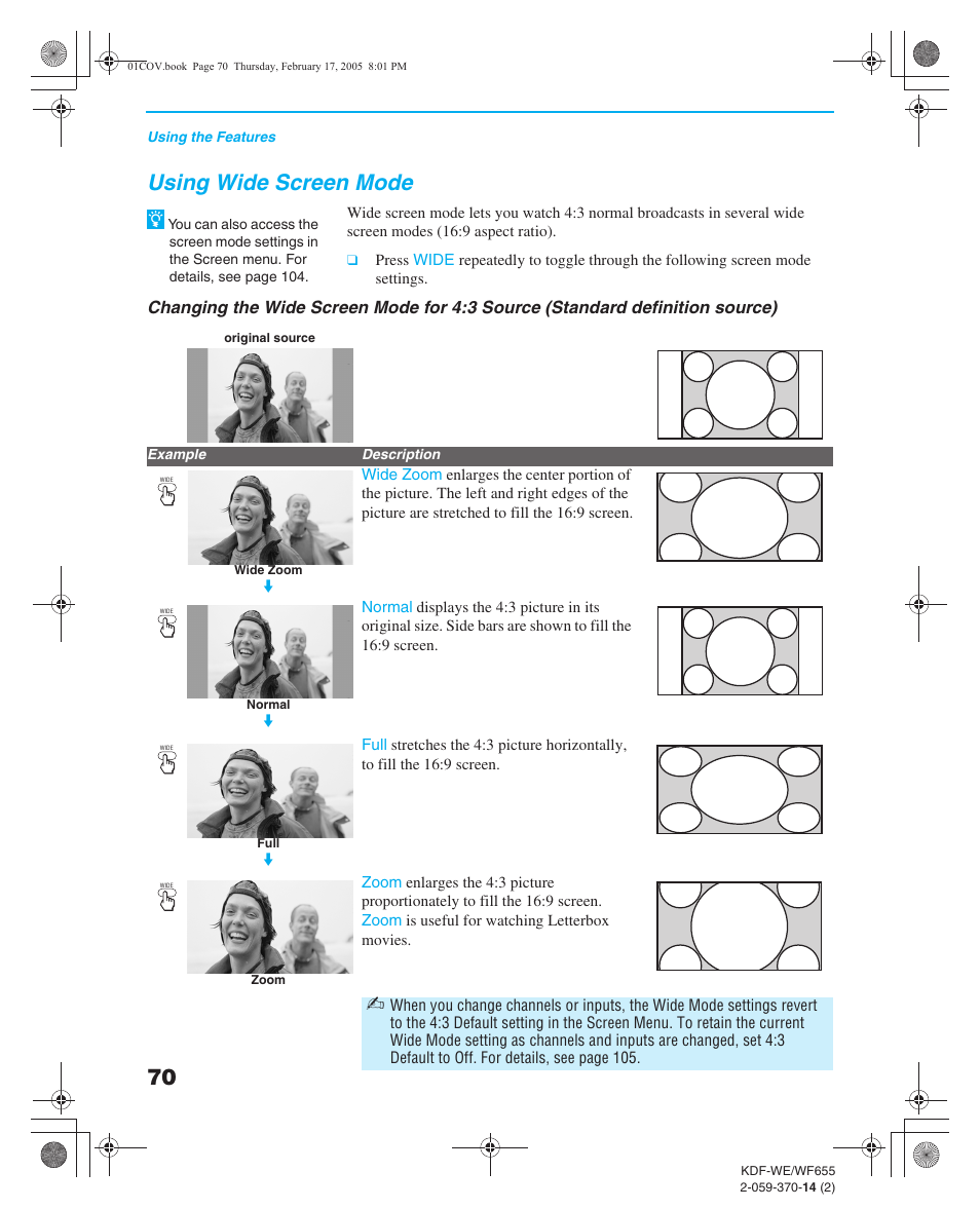 Using wide screen mode, Using the program options menu, Reen mode setting | Wide, Zoom, normal, full | Sony GRAND WEGA 2-059-370-14(2) User Manual | Page 70 / 132