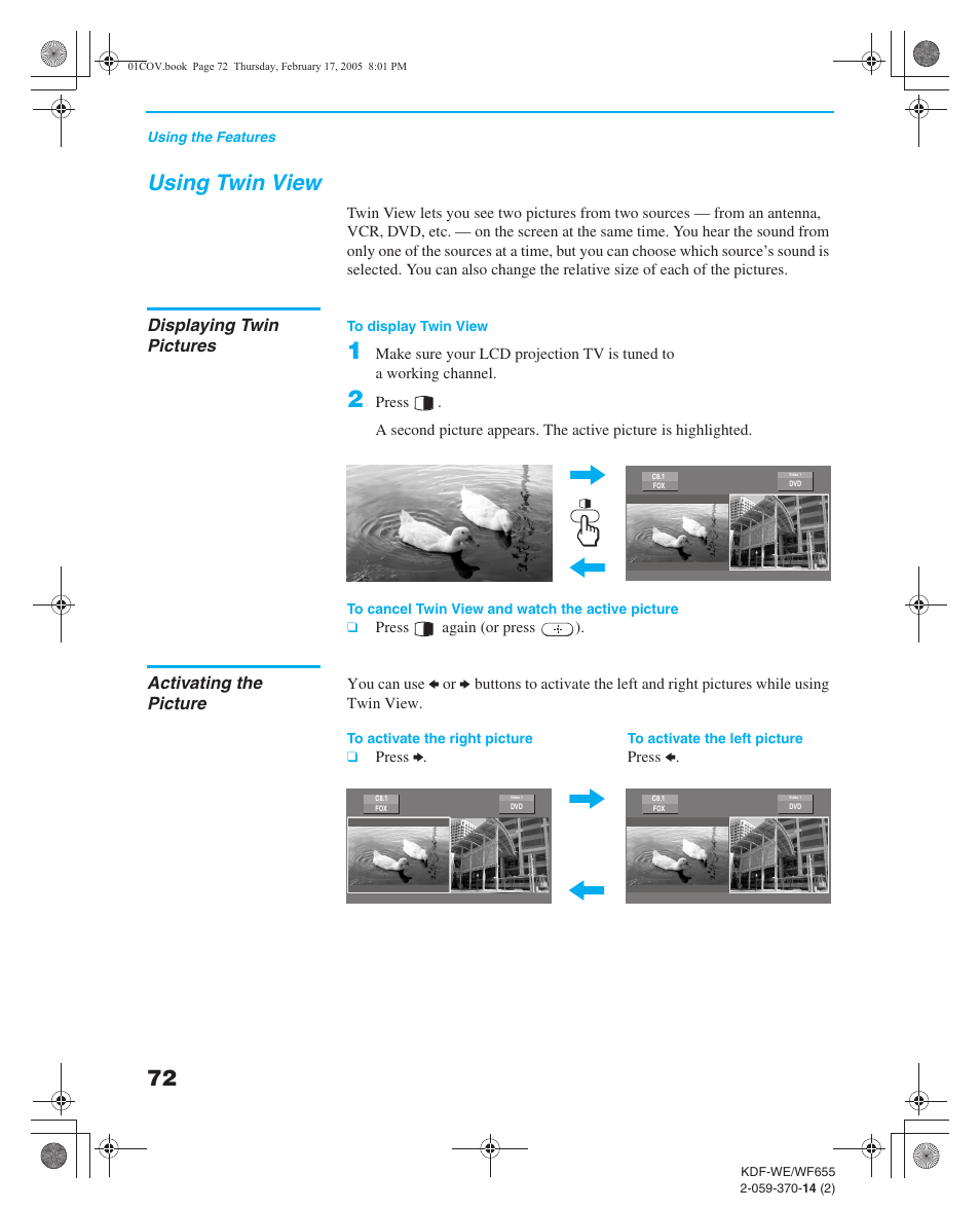 Using twin view, Displaying twin pictures, Activating the picture | Source (high definition source) | Sony GRAND WEGA 2-059-370-14(2) User Manual | Page 72 / 132