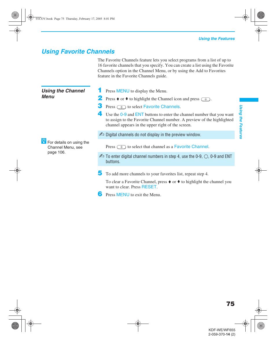 Using favorite channels, Using the channel menu, Changing the picture size | Sony GRAND WEGA 2-059-370-14(2) User Manual | Page 75 / 132