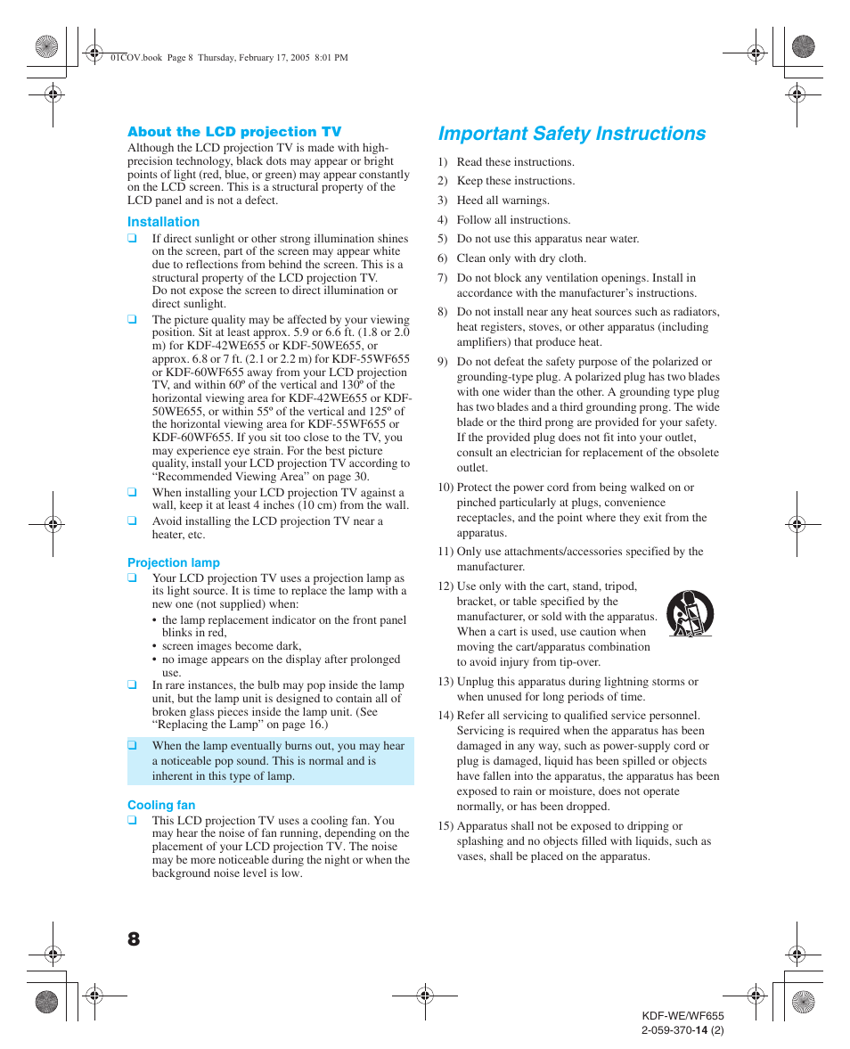 Important safety instructions | Sony GRAND WEGA 2-059-370-14(2) User Manual | Page 8 / 132