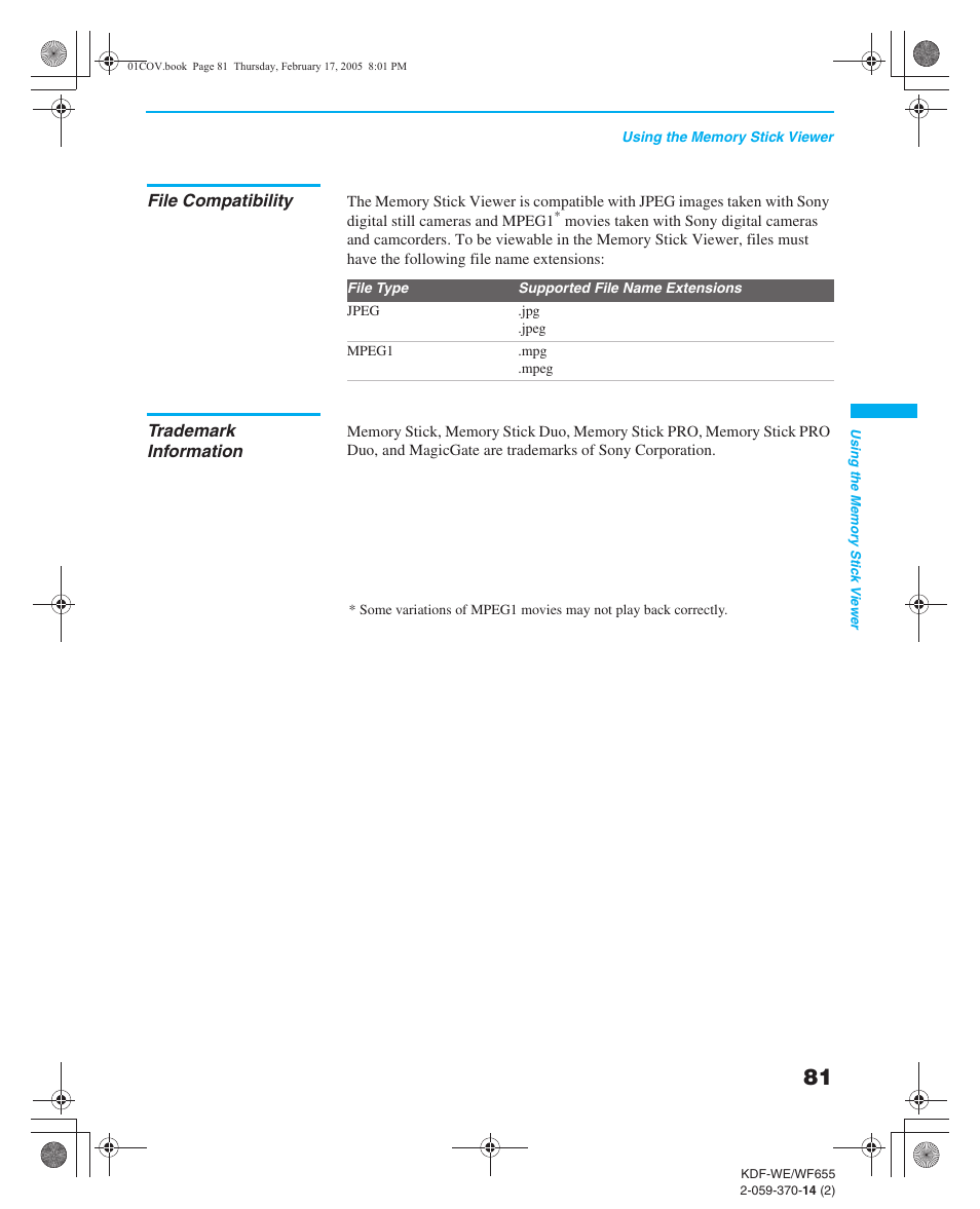 File compatibility, Trademark information | Sony GRAND WEGA 2-059-370-14(2) User Manual | Page 81 / 132