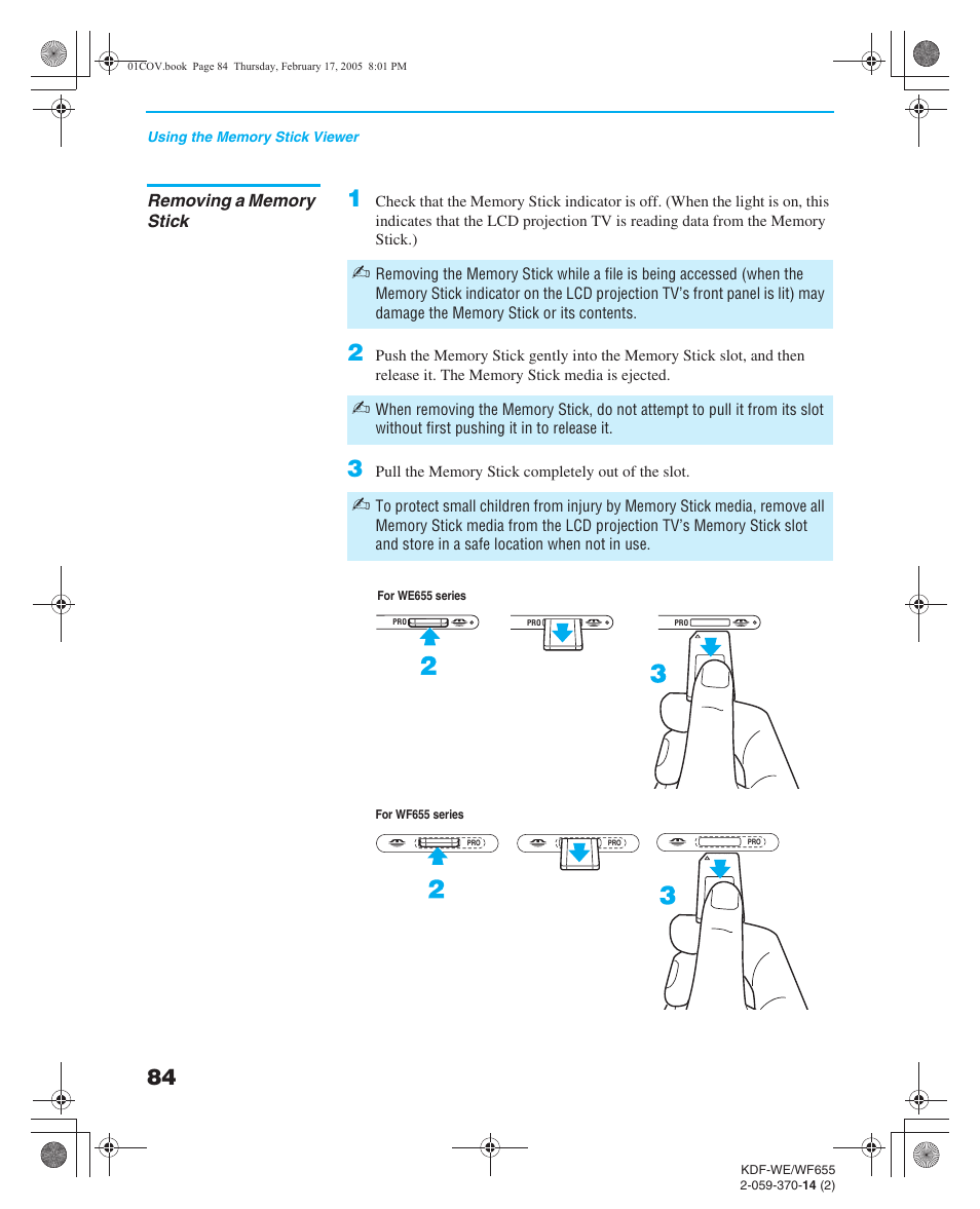 Removing a memory stick | Sony GRAND WEGA 2-059-370-14(2) User Manual | Page 84 / 132