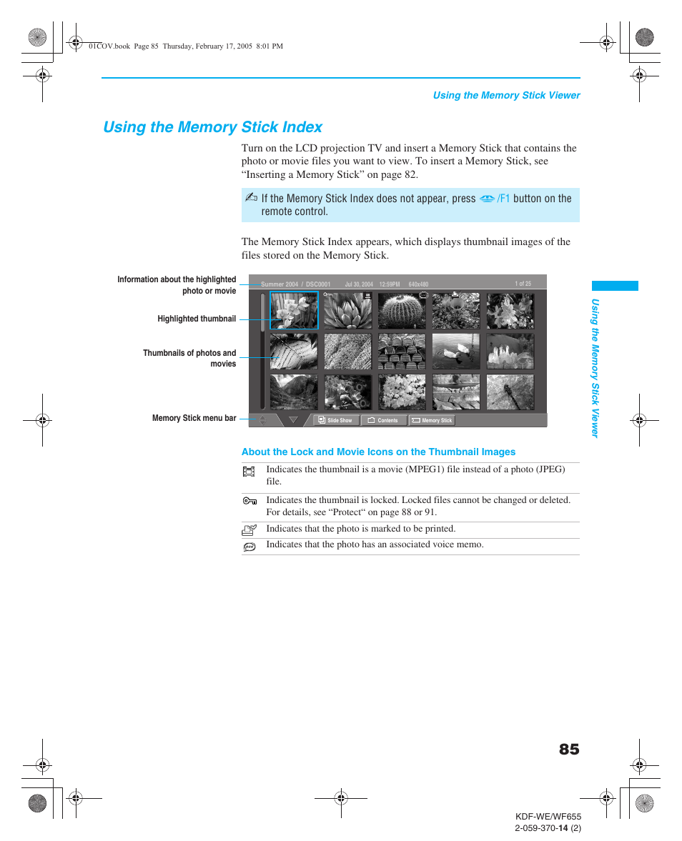 Using the memory stick index, Removing a memory stick | Sony GRAND WEGA 2-059-370-14(2) User Manual | Page 85 / 132