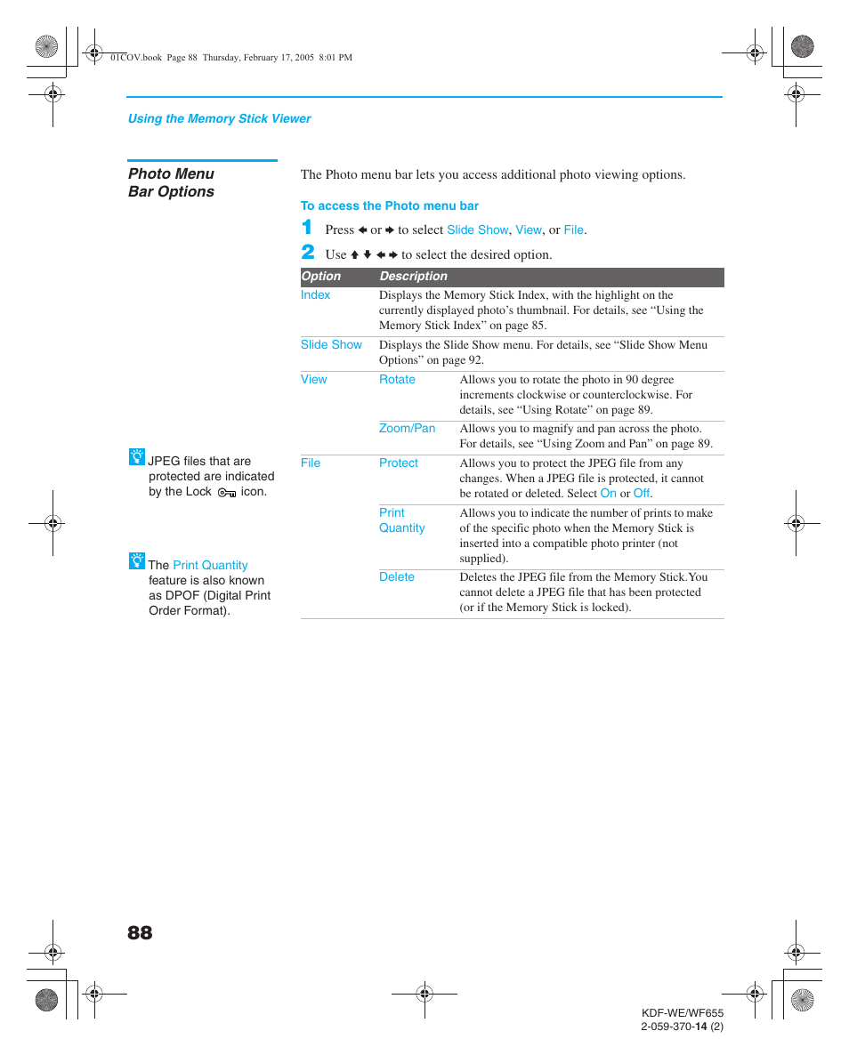 Photo menu bar options | Sony GRAND WEGA 2-059-370-14(2) User Manual | Page 88 / 132