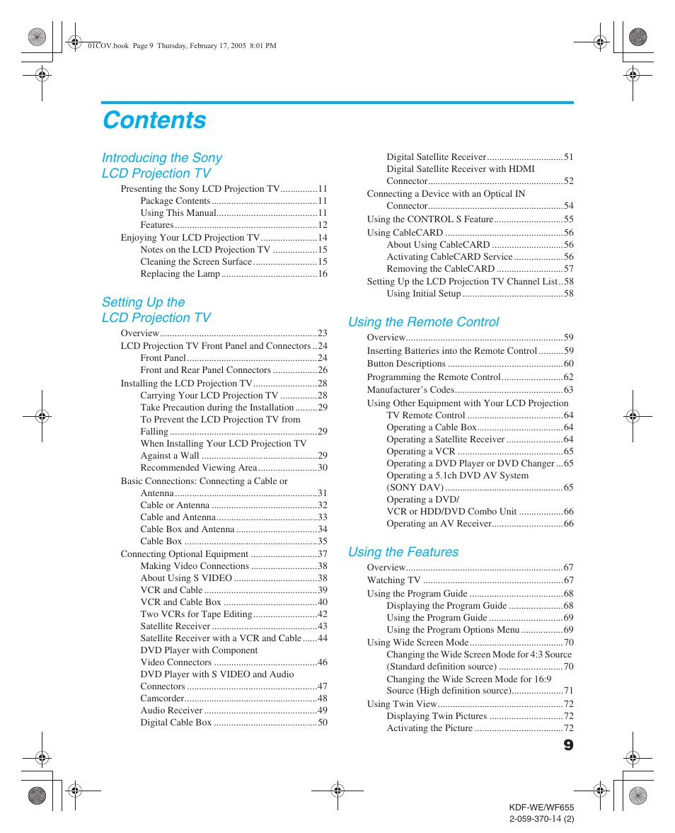 Sony GRAND WEGA 2-059-370-14(2) User Manual | Page 9 / 132