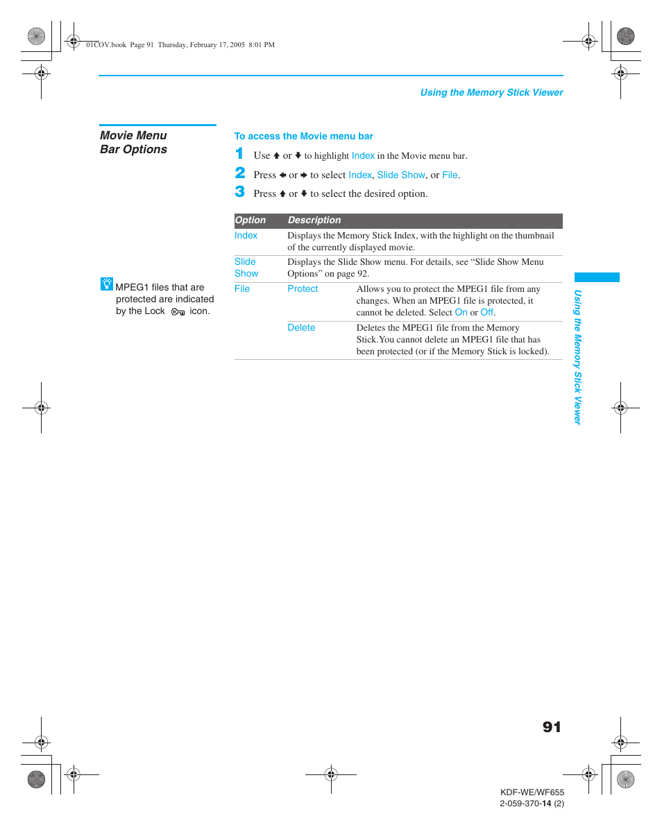 Movie menu bar options | Sony GRAND WEGA 2-059-370-14(2) User Manual | Page 91 / 132