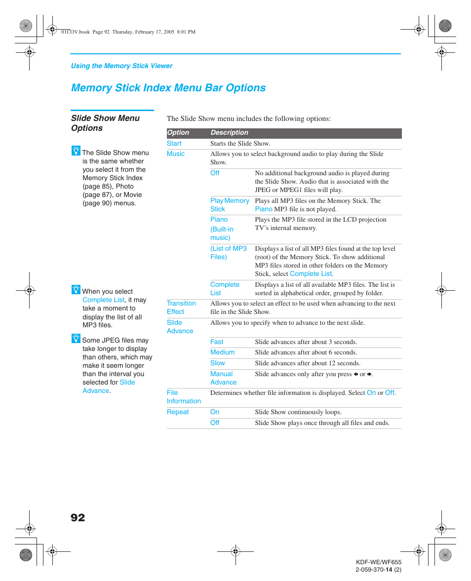 Memory stick index menu bar options, Slide show menu options, Movie menu bar options | Sony GRAND WEGA 2-059-370-14(2) User Manual | Page 92 / 132