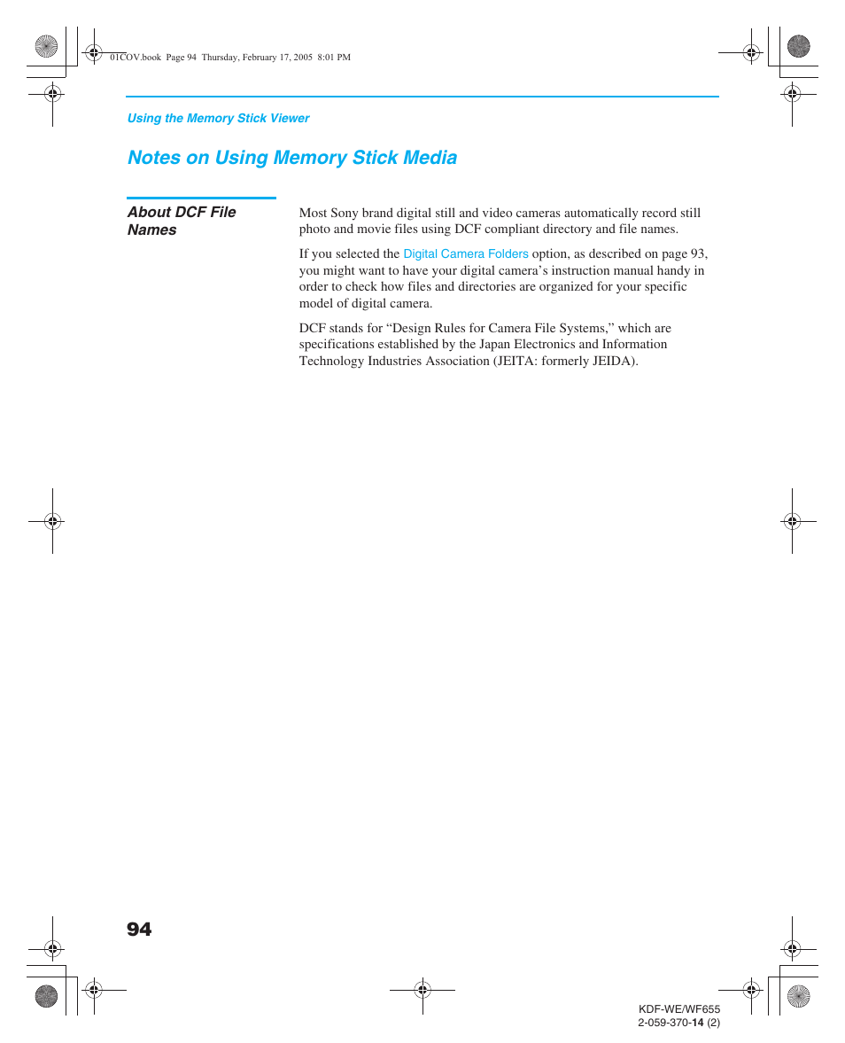 Notes on using memory stick media, About dcf file names, Memory stick menu | Sony GRAND WEGA 2-059-370-14(2) User Manual | Page 94 / 132