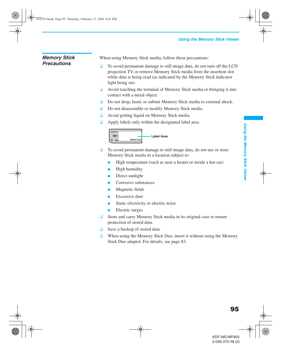 Memory stick precautions | Sony GRAND WEGA 2-059-370-14(2) User Manual | Page 95 / 132