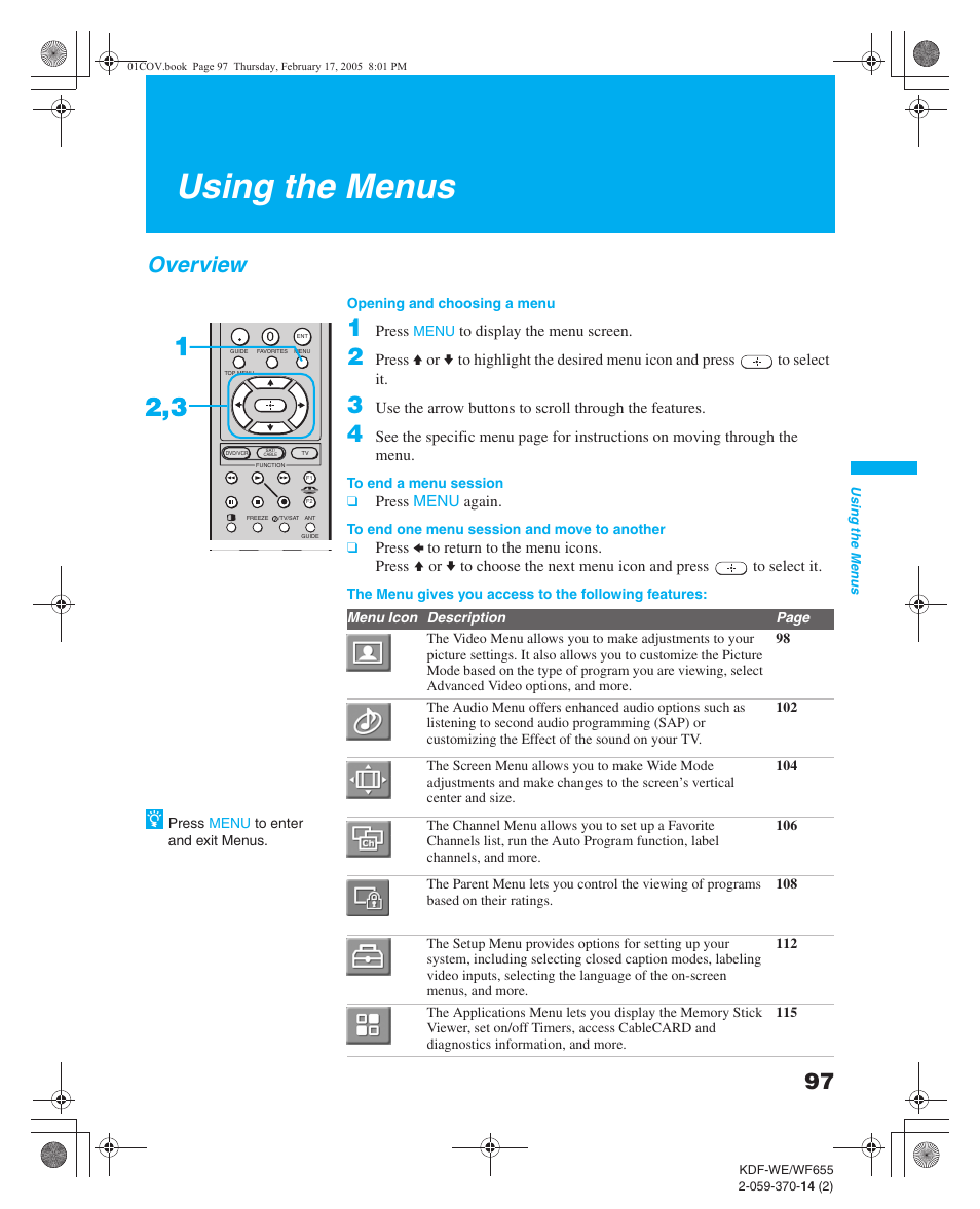 Using the menus, Overview | Sony GRAND WEGA 2-059-370-14(2) User Manual | Page 97 / 132