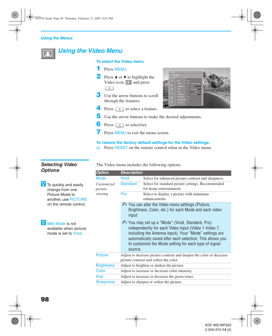 Using the video menu, Selecting video options, Overview | Ugh the available video picture modes, Vivid, standard | Sony GRAND WEGA 2-059-370-14(2) User Manual | Page 98 / 132