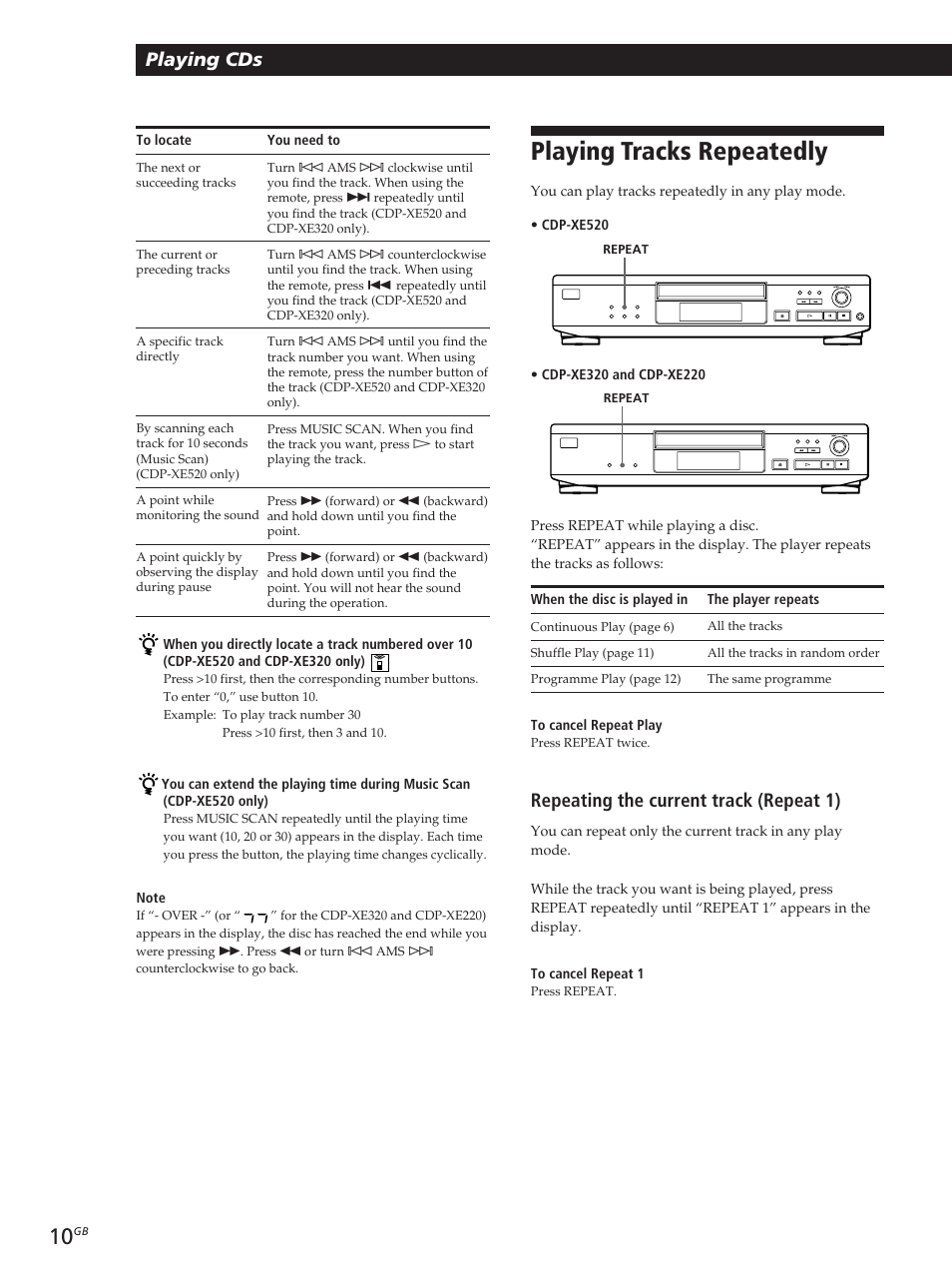 Playing tracks repeatedly, Playing cds, Repeating the current track (repeat 1) | Sony CDP-XE320 User Manual | Page 10 / 56