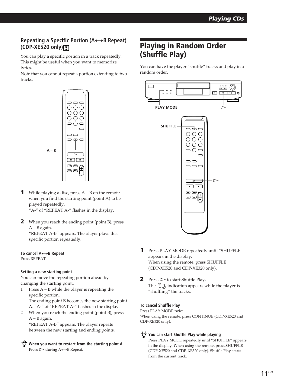 Playing in random order (shuffle play), Playing cds | Sony CDP-XE320 User Manual | Page 11 / 56