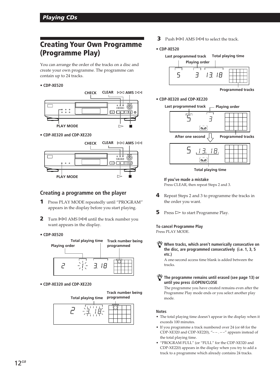 Creating your own programme (programme play), Playing cds, Creating a programme on the player 1 | Sony CDP-XE320 User Manual | Page 12 / 56